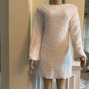 Elegant White Long-sleeve Sequin Dress with Black bow in the back